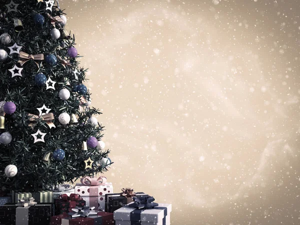 渲染一棵装饰过的圣诞树 下面有很多礼物 有空间写问候 怀旧的彩色背景与复古的感觉和空气中的雪 — 图库照片