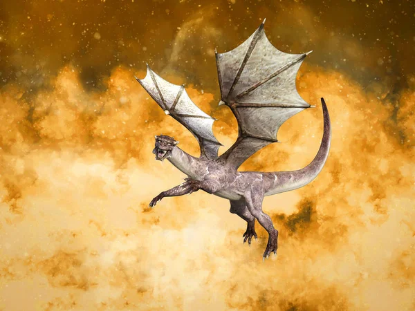 火と煙に囲まれた翼を持つ魔法のおとぎ話ドラゴンの レンダリング — ストック写真