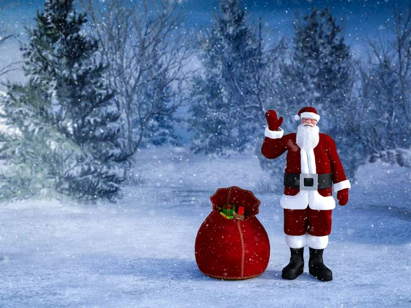 Rendering Babbo Natale Piedi Salutando Con Suo Sacco Regali Accanto — Foto Stock