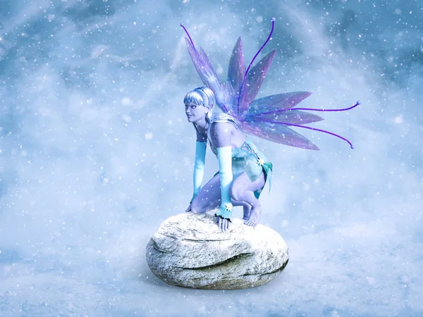 不思議な雪に囲まれた石の上に座っての翼でかわいい冬の妖精の レンダリング — ストック写真