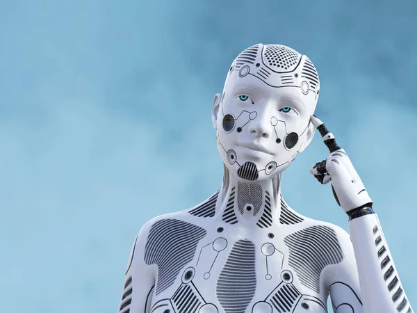Rendu Robot Féminin Ressemblant Elle Pense Quelque Chose Utilisant Son — Photo