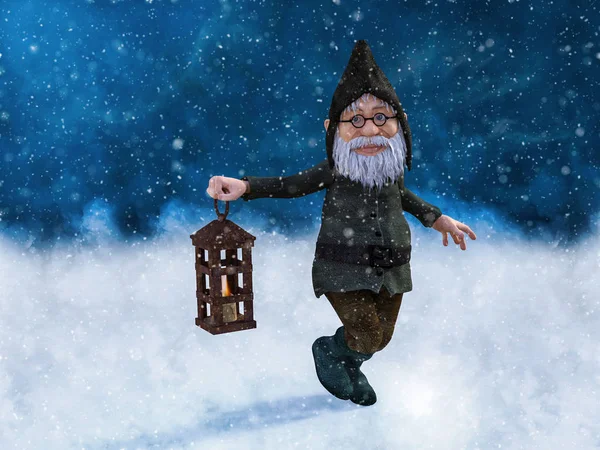 Rendering Χριστούγεννα Gnome Ξωτικό Κρατάει Ένα Φανάρι Που Περιβάλλονται Από — Φωτογραφία Αρχείου