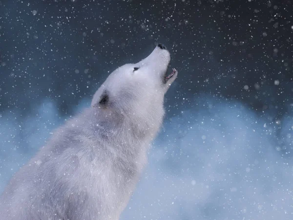 Renderização Lobo Branco Majestoso Sentado Uivando Cercado Por Neve Mágica — Fotografia de Stock