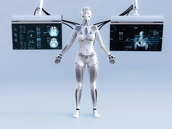 Rendering Robot Woman Standing Closed Eyes She Connected Two Screens — Stock Photo, Image