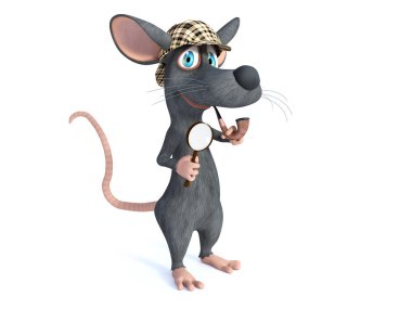 holding bir büyüteç ve boru, sevimli gülümseyen karikatür fare 3D render giyinmiş Dedektif sherlock holmes. Beyaz arka plan.