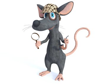 holding bir büyüteç ve boru, sevimli gülümseyen karikatür fare 3D render giyinmiş Dedektif sherlock holmes. Beyaz arka plan.