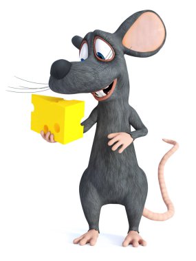 bir parça peynir tutarak ve sevgiyle bakarak bir sevimli gülümseyen karikatür fare 3D render. Beyaz arka plan.