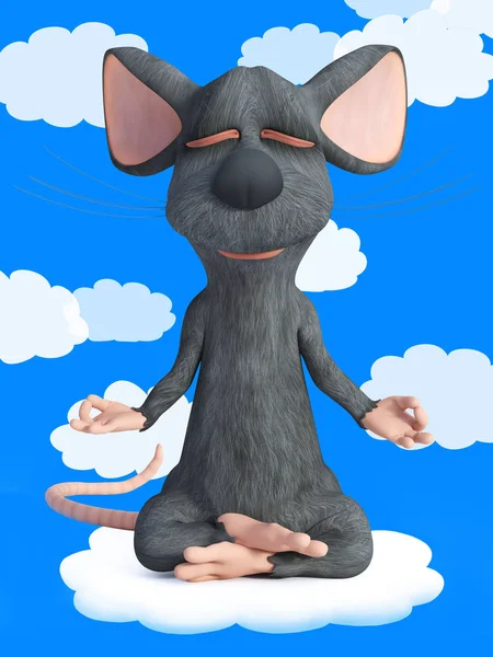 Rendu Une Souris Dessin Animé Faisant Yoga Sur Nuage Assis — Photo