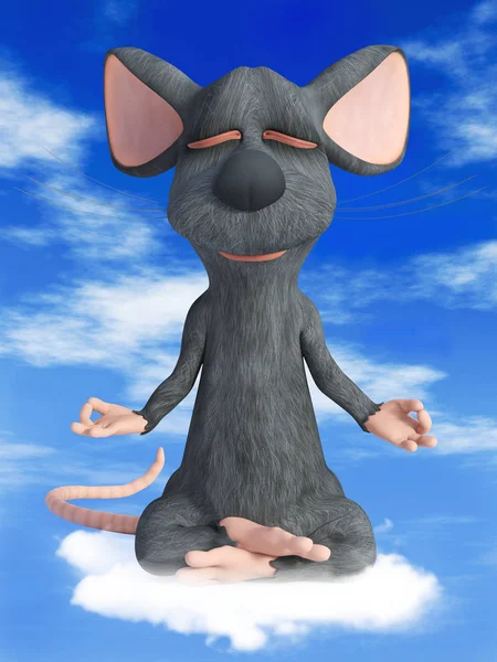渲染一个卡通老鼠做瑜伽在云上 坐在莲花姿势与手在钦穆德拉的姿势和冥想与它的眼睛闭着 背景中的蓝天和云 — 图库照片