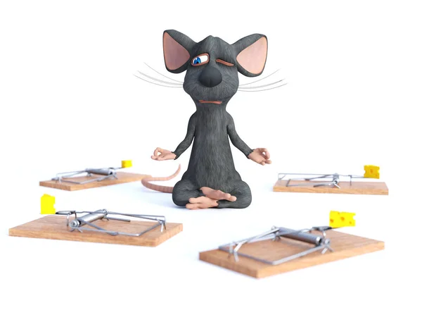 3D rendering of a cartoon mouse doing yoga, sitting in a lotus pose with hands in a Chin Mudra pose and meditating with one eye open, looking nervous, surrounded by mouse traps. Concept of staying calm. White background.