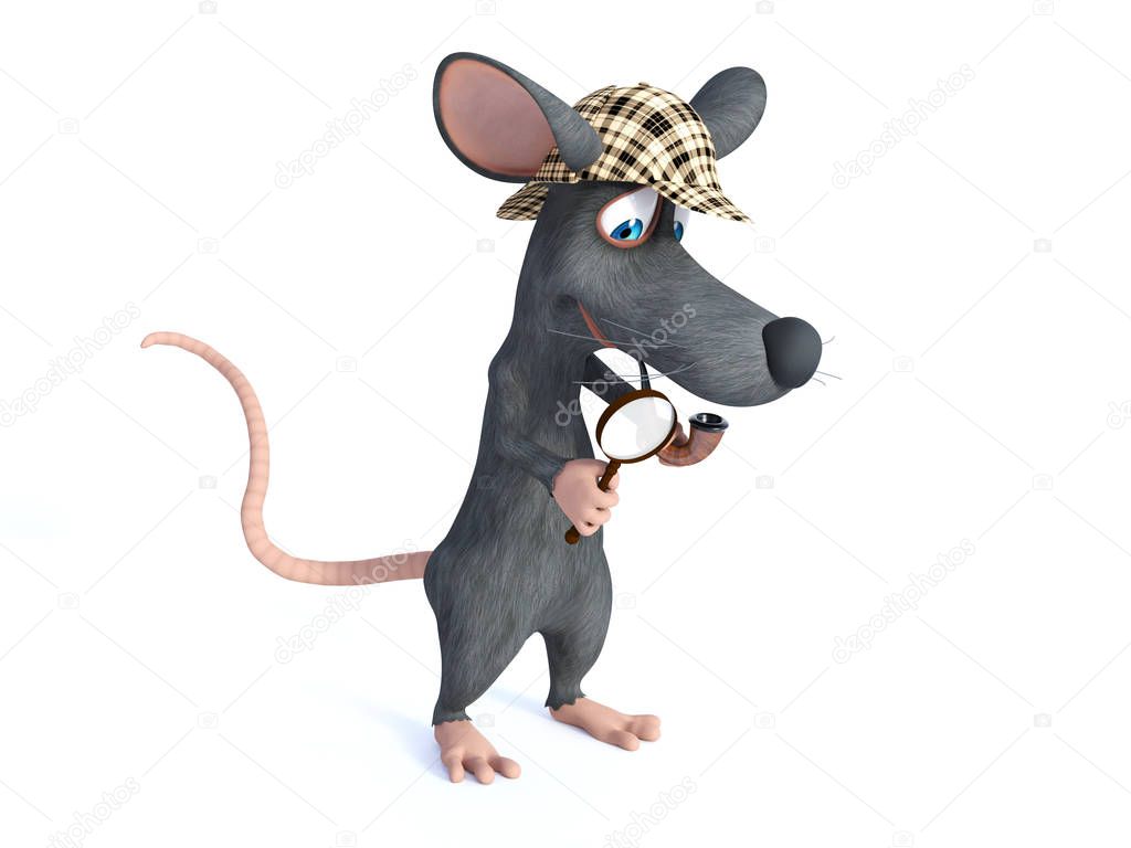 3D rendering of a cute smiling cartoon mouse holding a magnifying glass and pipe, dressed as detective sherlock holmes. White background.