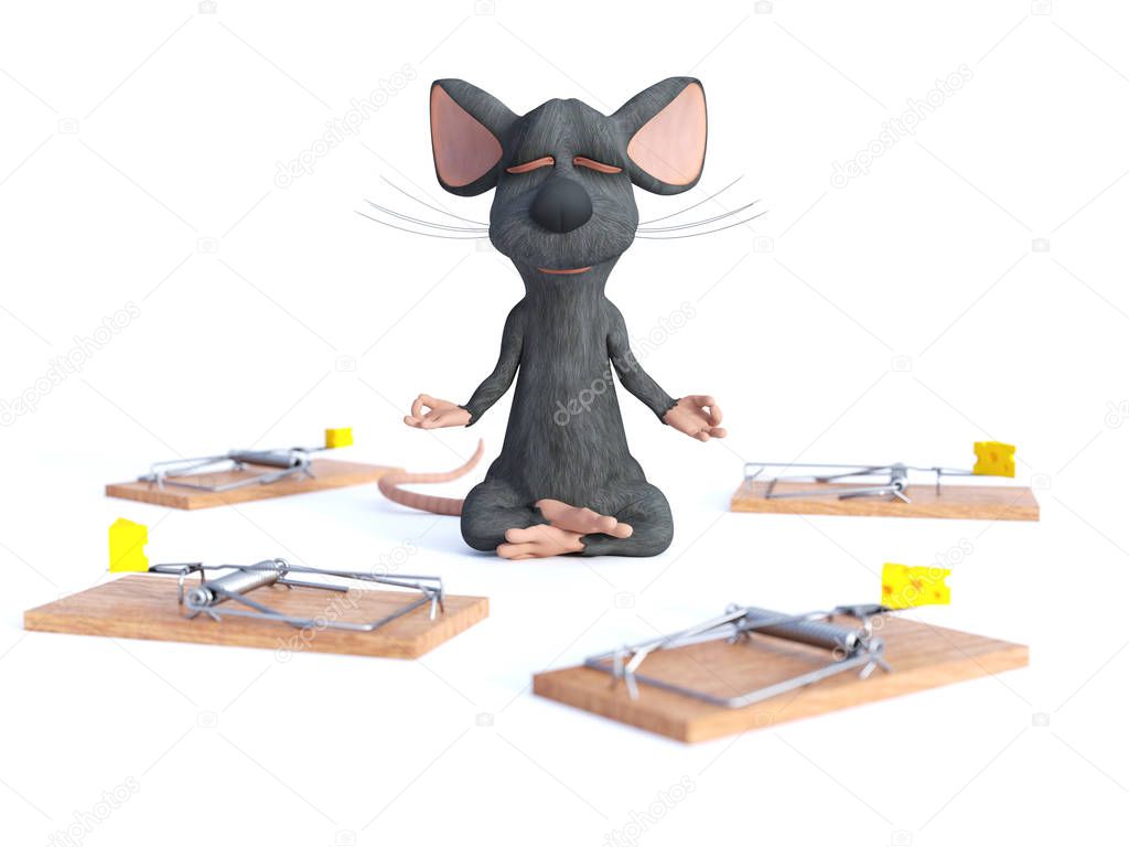 3D rendering of a cartoon mouse doing yoga, sitting in a lotus pose with hands in a Chin Mudra pose and meditating with its eyes closed surrounded by mouse traps. Concept of staying calm. White background.