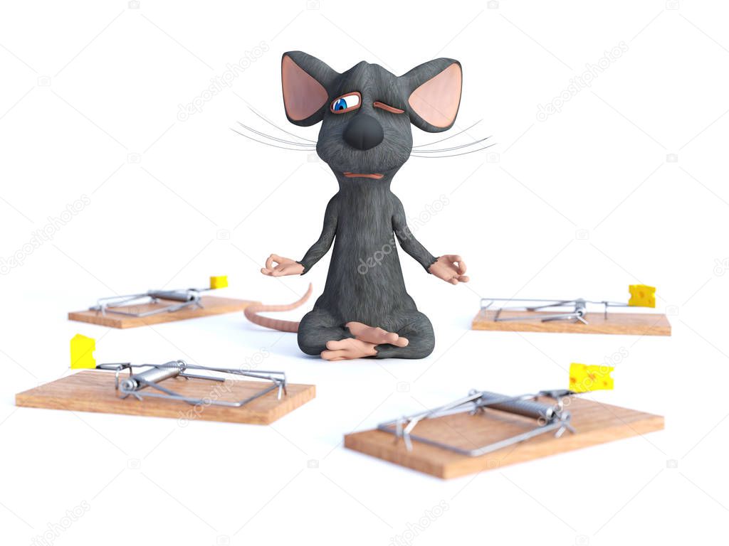 3D rendering of a cartoon mouse doing yoga, sitting in a lotus pose with hands in a Chin Mudra pose and meditating with one eye open, looking nervous, surrounded by mouse traps. Concept of staying calm. White background.
