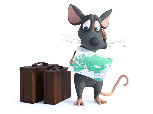 渲染一个可爱的卡通老鼠拿着地图 看起来像他在想什么 他似乎准备带着旁边的两个行李箱旅行 白色背景 — 图库照片