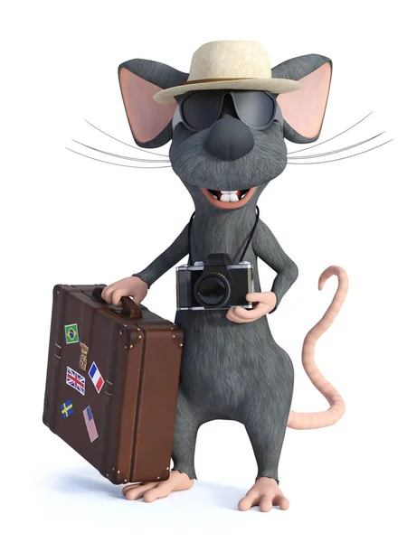 Renderização Bonito Sorriso Mouse Desenho Animado Segurando Uma Mala Viagem — Fotografia de Stock