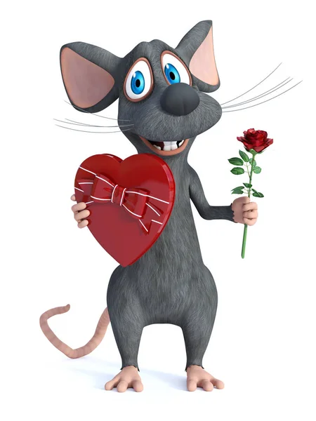 Rendering Cute Smiling Cartoon Mouse Holding Heart Shaped Chocolate Box — Stock Photo, Image