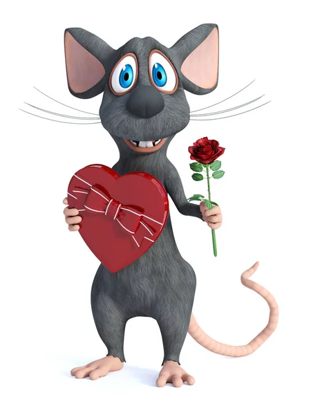 Rendering Cute Smiling Cartoon Mouse Holding Heart Shaped Chocolate Box — Stock Photo, Image