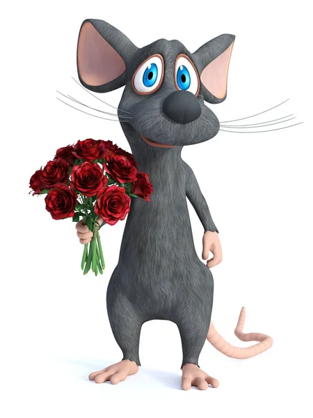 Vykreslování Roztomilý Usměvavý Kreslená Myš Drží Kytici Rudých Růží Ruce — Stock fotografie