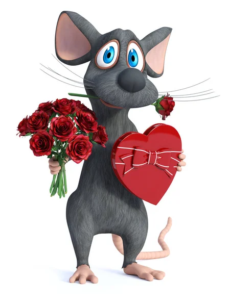 Rendering Cute Smiling Cartoon Mouse Holding Heart Shaped Chocolate Box — Stock Photo, Image