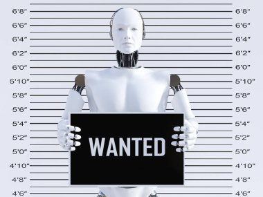 3D render fotoğrafını elde ederken bir Wanted işaret tutan bir erkek robot. Siber suç ve hacker kavramı.