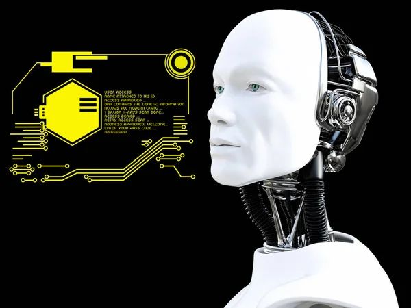 Representación Del Concepto Tecnología Cabeza Robot Macho Fondo Negro — Foto de Stock