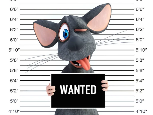 3D rendering of a happy smiling cartoon mouse sticking his tongue out and doing a silly face holding a Wanted sign while getting his mug shot.