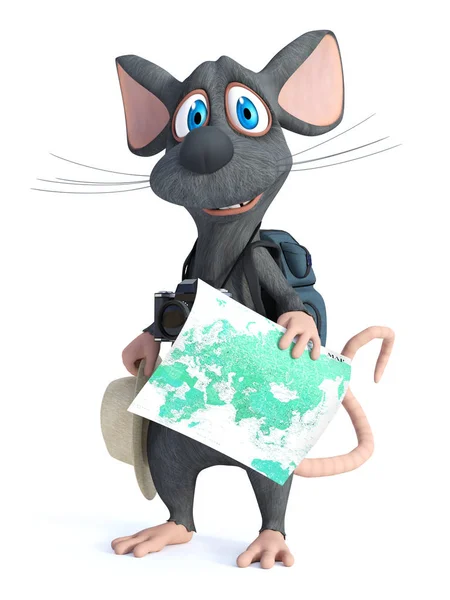 渲染一个可爱的微笑卡通老鼠与帽子和相机 看起来像一个游客与他的背包 拿着一张地图 他似乎准备好旅行了 白色背景 — 图库照片