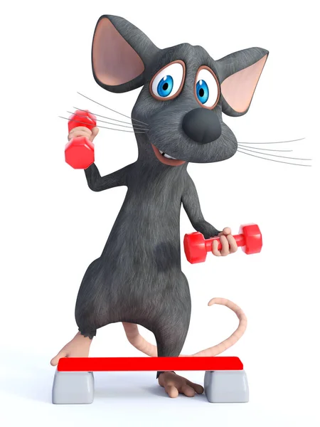 赤いダンベルとステップ ボード アップ運動 かわいい笑顔の漫画のマウスの レンダリングします 白背景 — ストック写真