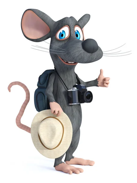 Renderização Bonito Sorriso Mouse Desenho Animado Com Chapéu Uma Câmera — Fotografia de Stock