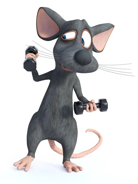 Rendering Cute Cartoon Mouse Exercising Dumbbells Looks Bit Strained White — Stock Photo, Image
