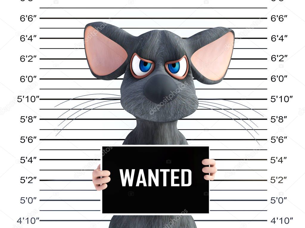 3D rendering of an angry cartoon mouse holding a Wanted sign while getting his mug shot.