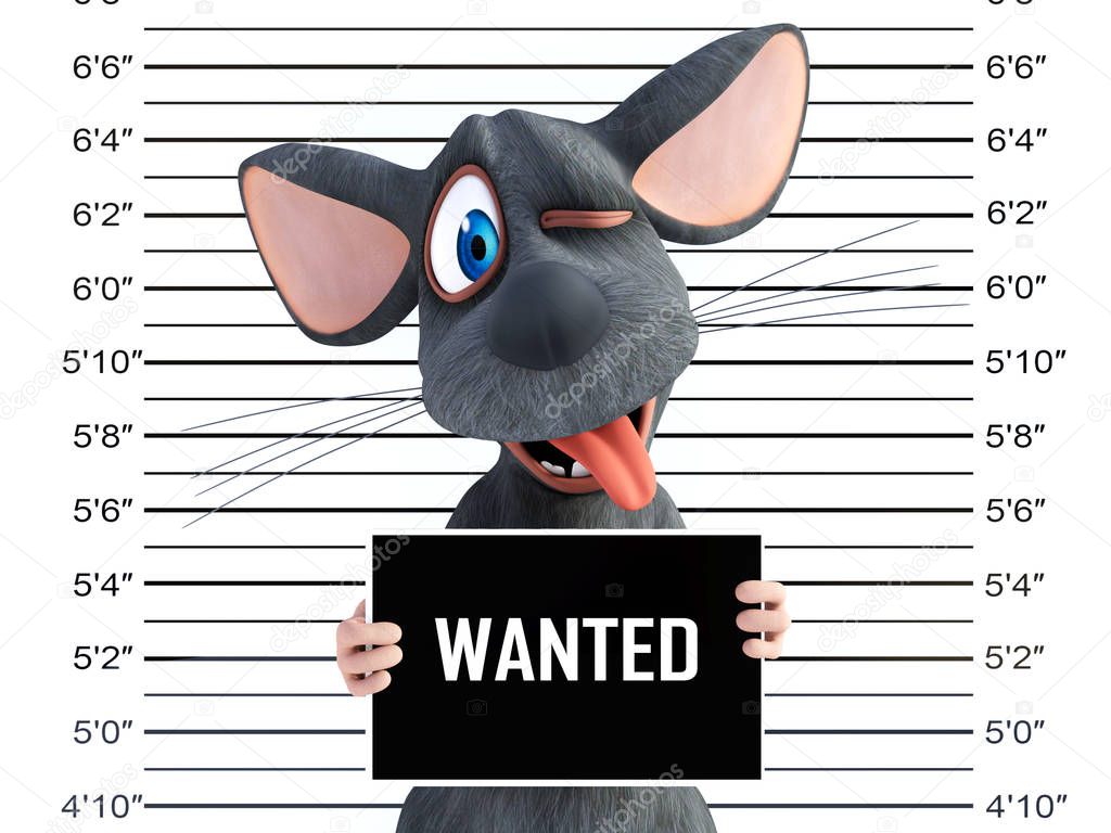 3D rendering of a happy smiling cartoon mouse sticking his tongue out and doing a silly face holding a Wanted sign while getting his mug shot.