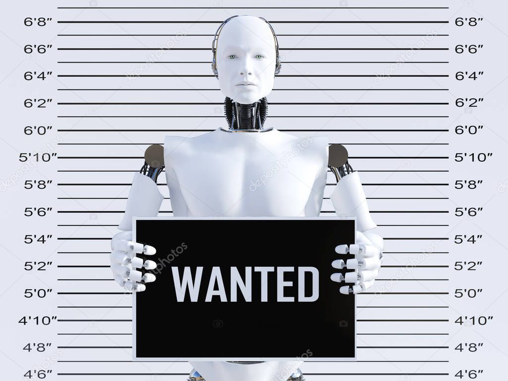 3D rendering of a male robot holding a Wanted sign while getting his mug shot. Concept of cyber crime and hackers.