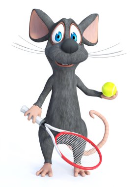 Tenis raket ve top tutan bir sevimli gülümseyen karikatür fare 3D render. Beyaz arka plan.