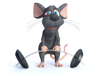 bir halter kaldırmaya çalışırken bir sevimli çizgi fare 3D render. Çok ağır görünüyor. Beyaz arka plan.