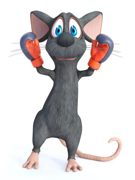 Renderização Mouse Bonito Desenho Animado Usando Luvas Boxe Parece Campeão — Fotografia de Stock