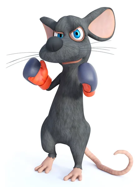 Renderização Mouse Bonito Desenho Animado Usando Luvas Boxe Ele Parece — Fotografia de Stock