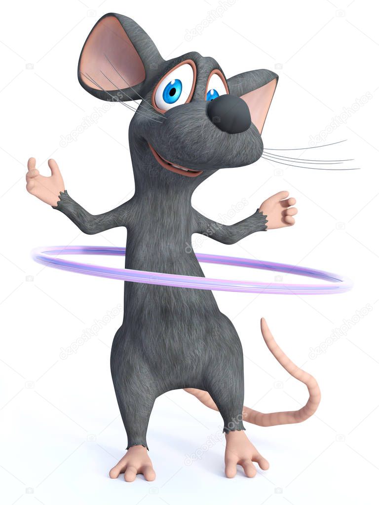 3D rendering of a cute smiling cartoon mouse exercising with a hula-hoop. White background.