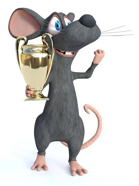 渲染一个可爱的微笑的卡通老鼠拿着金奖奖杯奖 看起来像一个冠军因为他获得了一等奖 白色背景 — 图库照片