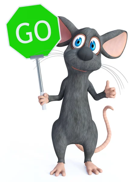 Renderowania Uśmiechający Się Ładny Myszy Kreskówka Gospodarstwa Zielone Iść Znak — Zdjęcie stockowe