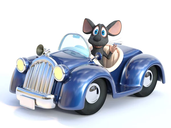 彼は運転カブリオレ車に坐っている間彼の手を振るかわいい笑顔漫画のマウスの レンダリングします 白背景 — ストック写真