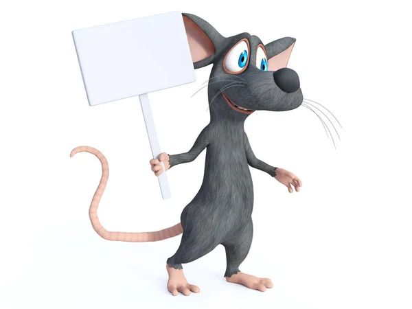 Renderização Bonito Sorriso Mouse Desenho Animado Segurando Sinal Branco Durante — Fotografia de Stock