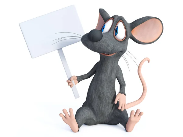 渲染一个可爱的微笑的卡通老鼠坐在地板上 拿着一个空白的标志 白色背景 — 图库照片
