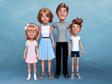 bir çizgi film aile portresi 3D render.