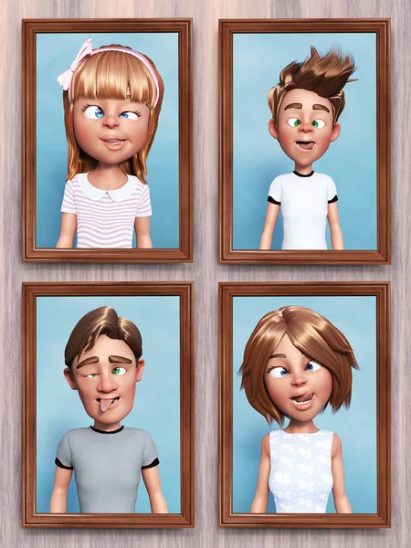 3D rendering of silly cartoon family portraits on the wall.