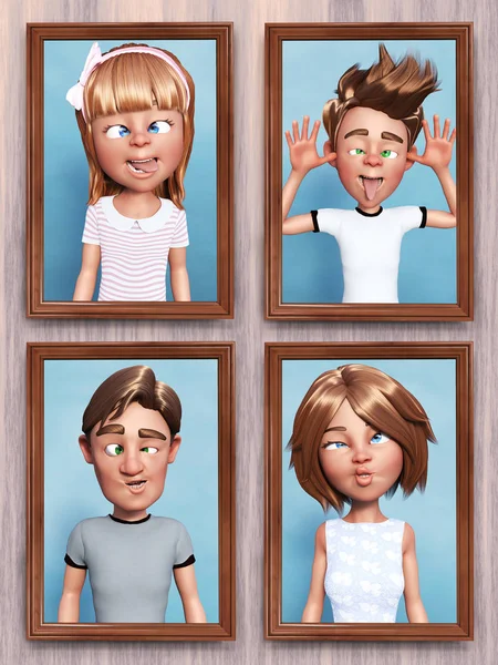3D rendering of silly cartoon family portraits on the wall.
