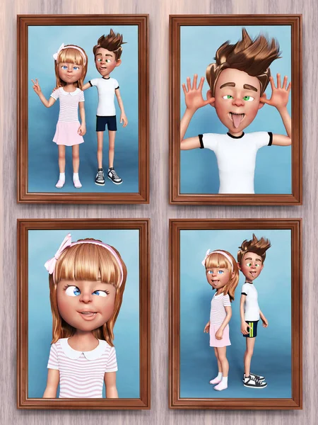 3D-Darstellung von albernen Cartoon-Familienporträts an der Wand. — Stockfoto
