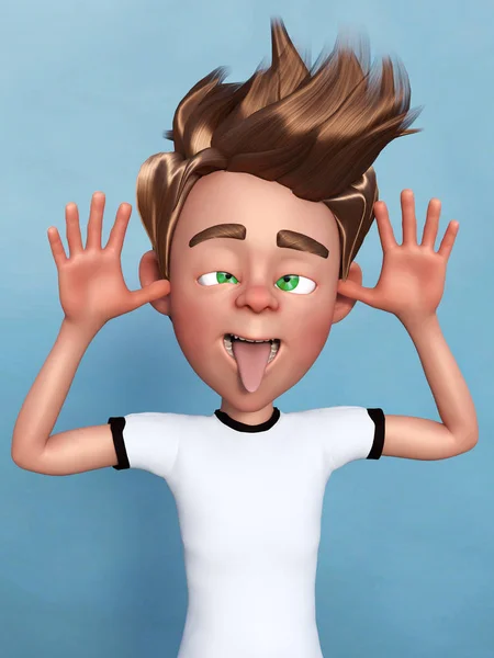 3D-Darstellung eines Cartoon-Jungen, der ein dummes Gesicht macht. — Stockfoto