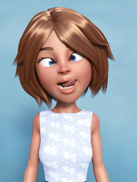 Rendering 3D di una donna dei cartoni animati che fa una faccia stupida . — Foto Stock