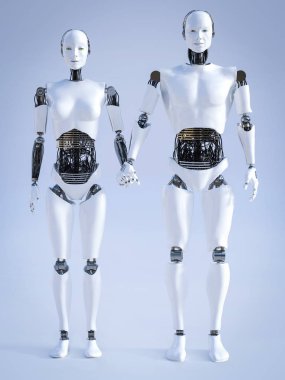 3D rendering of male and female robot holding hands. clipart